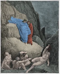 Infierno, canto 18: Virgilio muestra a Dante la sombra de Taide, ilustración de la Divina Comedia de Dante Alighieri, 1885